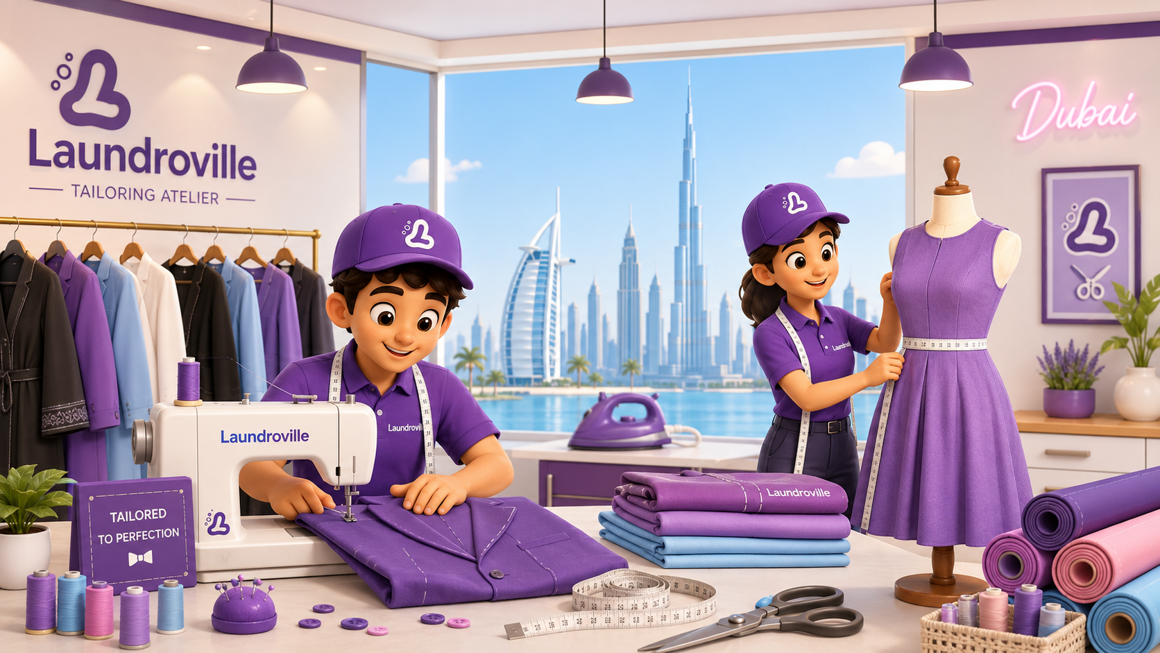Laundroville tailor character — professional alterations and tailoring services in Dubai