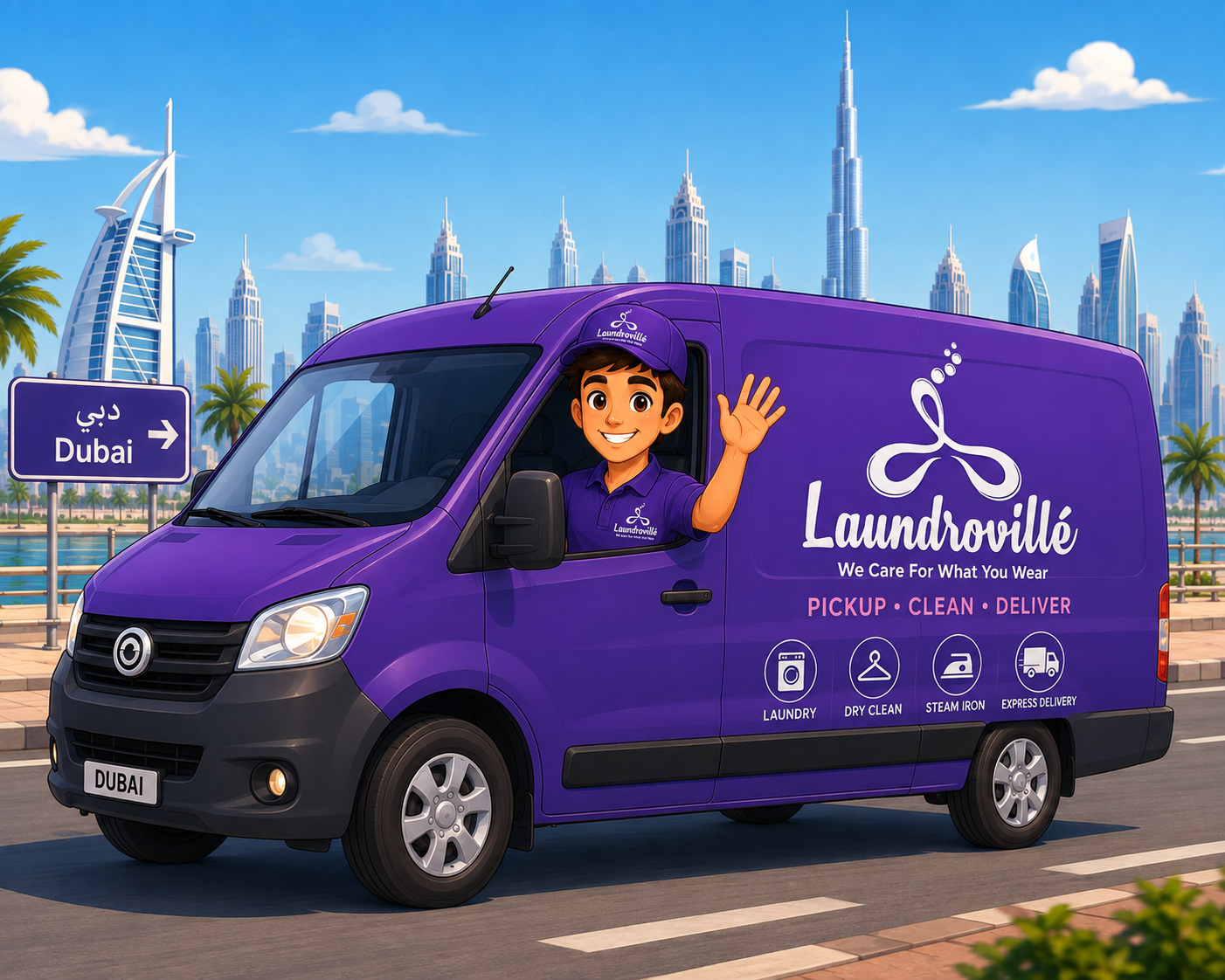Laundroville shoe care pickup and delivery van in Dubai
