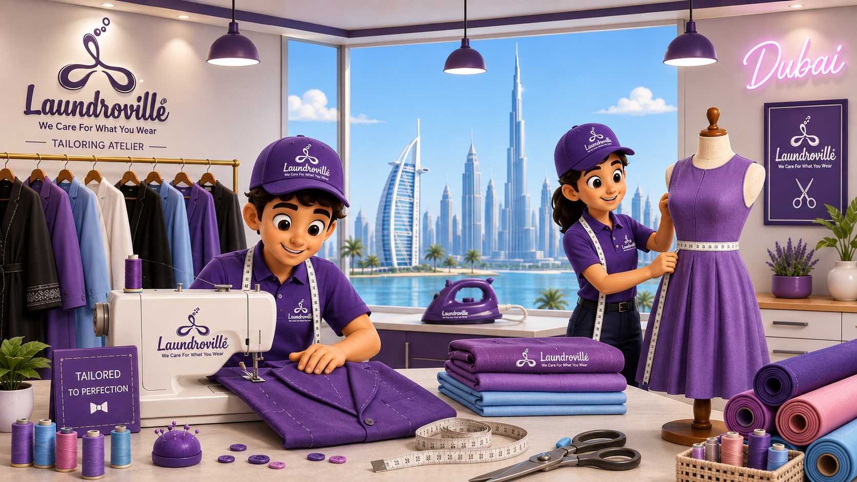 Laundroville tailor character — professional alterations and tailoring services in Dubai
